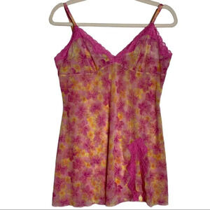 Silk & Satin Y2K Hawaiian Floral  Sheer Slip Dress Size Large Pink Orange Sexy
